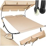 tectake Sonnenliege, Doppelliege, Outdoor Liege für 2 Personen, Gartenliege mit Sonnendach, Relaxliege, Sonnenliege mit Dach, inkl. 2 Kissen, ideal für Garten oder Balkon - schwarz/beige