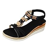 BOTCAM Sandalen Damen Bohemian Mit Strass Perlen Sommer Bohemian Sandaletten T-Riemen Keilsandalen Freizeit Sport Trekking Schuhe Strandschuhe Wanderschuhe Wedges Comfort Outdoor Sommerschuhe