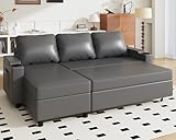 JUMMICO Schlafsofa mit Bettkasten L Form Sofa mit Schlaffunktion 3 Sitzer Couch klein Ecksofa Schlafcouch Ausziehbar Wohnlandschaft für Wohnung und Wohnzimmer Leder Schwarz