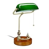 Relaxdays Bankerlampe mit Zugschalter, neigbarem Glasschirm & Holzfuß, Bankerleuchte E27, Schreibtischlampe Retro, grün, 10034408, 43 x 27 x 22 cm