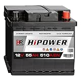 HR HiPower Autobatterie 12V 55Ah 510A/EN Starterbatterie ersetzt 44Ah 45Ah 46Ah 50Ah 60Ah 62Ah