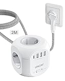 LENCENT 4 Fach Steckdosenleiste Flachstecker Steckdosenwürfel Mehrfachsteckdosen 8 in 1 Cube Steckdose Steckerleiste mit 3 USB, 1 Typ-C, Mehrfachstecker mit 2M Geflochtenem Kabel für Wandsteckdose