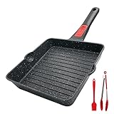 Bobikuke Grillpfanne 20x 20 cm, Steakpfanne Antihaft Beschichtet Aluminium Grill Pfanne mit zwei Ausgießern, Abnehmbarem Griff, Backofen und Spülmaschinenfest, Alle Herdarten (Schwarz)