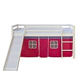 Homestyle4u 540, Kinderbett 90x200 cm Weiß Holz Kiefer Kinder Hochbett mit Rutsche Vorhang Pink