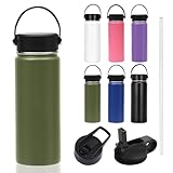 Thermosflasche mit Strohhalm (+3Deckel),500ml,1L, Auslaufsichere Isolierflasche für Sport, Outdoor,Schule, Uni, Fahrrad, Büro,Gym,BPA-Frei, Kohlensäure geeignet (Militärgrün, 500ml)