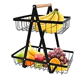YOPEUC 2 Stockig Obstschale Etagere mit Holzgriff, Obstkorb Etagere Obst Etagere 2 Stöckig mit Schraubendreher, Metall Schwarz Obstschalen mit Griff für Obst, Snacks zu Hause, Gemüse, Küche, Büro