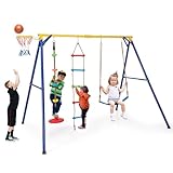 KOMFOTTEU 4 in 1 Kinderschaukel Set, Schaukelgestell mit Schaukel, Kletterleiter & Basketballkorb, Schaukelgerüst Gartenschaukel mit Gestell, Spielgerüst für Kinder Outdoor