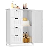 VASAGLE Badezimmerschrank, schmaler Badschrank, Beistellschrank, Kommode, mit 4 Schubladen, Schranktür, verstellbare Ablage, 35 x 65 x 90 cm, wolkenweiß LHC042W01