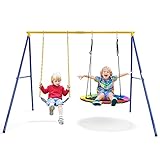 KOMFOTTEU Doppelschaukel mit Schaukelgestell, Kinderschaukel Nestschaukel Outdoor mit Gestell aus Metall, Kinder Schaukel bis 300 kg belastbar, Gartenschaukel für Garten Hof Park, Blau + Gelb