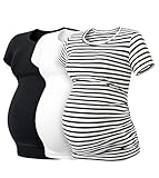 LAPASA Damen 3 er Pack Umstandstop Umstandsmode Umstandskleidung Tops Schwangerschaft Kurzarm Umstands T-Shirt L55, Schwarz, Blau gestreift, Weiß, M