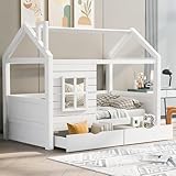 Kinderbett 90x200 cm Holzbett mit 2 Schubladen und Fenster,...