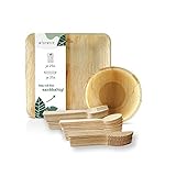 Wiseware Palmblatt Geschirrset - 25 Palmblatt Teller & Schalen, 25 Messer, Gabel & Löffel aus Holz - Biologisch abbaubares Einweggeschirr aus Palmblatt & Holz 125-teilig