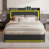 Bett mit Bettkasten, 160 x 200 cm, für Erwachsene, gepolstertes Bett 160 x 200 cm, Kopfteil mit verstellbaren LED-Leuchten und USB-Ladekabel, hydraulisches Bett mit Lattenrost, PU-Stoff, ohne Matratze