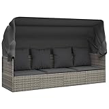 vidaXL Outdoor Loungebett, Verstellbar Gartensofa mit Kissen Dach, Sonnenliege mit Stahlrahmen, Relaxliege Lounge Sofa, Grau Poly Rattan