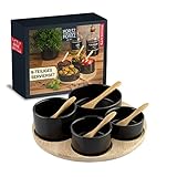 Moritz & Moritz 4x Schwarze Dipschalen Set mit Brett Holz - Dip Schälchen für Snacks - Snack Schalen Set Keramik - Dip Schalen Set - Kleine Schüsseln als Saucenschälchen, Snackschalen, Dessertschalen