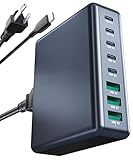 USB-C-Ladegerät, 200 W, 100 W, USB-C-Laptop-Ladegerät, Blcok, 8-Port-Desktop-USB-C-Ladestation für MacBook iPhone 15/14/13/12Mini/ProMax/MacBook/Android-Telefon mit 100 W Datenkabel für Büro (Blau)