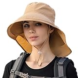 Damen Sonnenhüte UV-Schutz Faltbar Breite Krempe Pferdeschwanz Loch Sommer Herren Strandhüte mit Nackenklappe, Khaki, Einheitsgröße