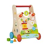Solini Lauflernwagen aus Holz - Baby Lauflernhilfe mit Motorikschleife & Drehspiel - Holzspielzeug für Kinder ab 18 Monate - natur/bunt