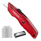 WORKPRO Premium Teppichmesser, Einziehbarer Universalmesser aus Vollmetall, Strapazierfähiger Cuttermesser mit Schnellwechselklinge, mit 10 zusätzlichen Klingen, Rot