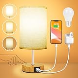 Suright Nachttischlampe Touch Dimmbar mit Ladefunktion USB A+C-Anschlüssen, Leinen-Lampenschirm, Holzsockel, Kleine Tischlampe für Schlafzimmer Wohnzimmer (LED-Birne Inklusive)