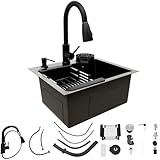 Edelstahl Spülbecken 45 x 40 cm,Spüle Schwarz mit Ausziehbare Wasserhahn und Tassenspüler,Multifunktionale Küchenspüle 1 Becken,Einbauspüle,inkl. Abflussrohr,Seifenspender,Siebkorb