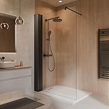 Schulte Walk-In Dusche Toura 118–130 cm mit integriertem Regal, 8 mm ESG Glas, Schwarz Matt, Anlagenhöhe 200 cm, großzügige Einstiegsbreite bis 120 cm