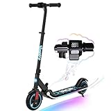 RCB Elektroroller Kinder,150W Motor, 3-Geschwindigkeitsmodi, Max 16km/h, Bluetooth Lautsprecher, LED-Regenbogenlicht, 3-Höhenverstellbar, Faltbarer, LED-Anzeige, E-Scooter Kinder ab 6-12Jahren