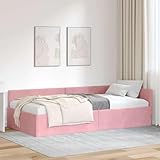 Hoopleep Eckbettgestell mit Kopfteil, Rosa Samt, 90 x 190 cm, L-förmig, Platzsparendes Design, Modernes Plattformbett für Schlafzimmer, Gästezimmer, Flexible Nutzung