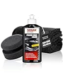 Auto Politur Set | Sonax Polish & Wax Color Schwarz 250ml Autopolitur + Polierschwamm + Poliertuch | Polierpaste für Bunt- und Metalliclacke zur Entfernung kleiner Kratzer | Polierset