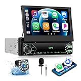 CAMECHO Autoradio 1 Din mit Wireless Carplay, 7 Zoll Touchscreen Bluetooth Radio Manuelle Ausfahrbarem Display mit Android Auto Mirror Link FM/AM RDS Lenkradsteuerung USB/AUX +Rückfahrkamera