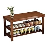 Schuhregal aus Bambus mit 3 Etagen, Stauraum für den Flur mit geschnitztem Hockersitz, stilvolle Schuhregale für Eingangsbereich und Wohnzimmer, Walnussholz-Finish (81 x 27 x 45 cm)