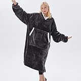 Menkala Decke mit Ärmeln und Kapuze Oversize Hoodie Damen Herren Tragbar Kuscheldecke Flauschig Warm Sherpa Flanell Plüschdecke Kapuzenpullover Übergröße Pullover Swearshirt Long Hoody Grau