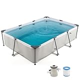 RELAX4LIFE Pool-Set mit Filterpumpe, 300 x 207 x 66 cm, Rechteckiger Swimmingpool mit beschichtetem Metallrahmen, Aufstellpool werkzeuglose Schnellmontage, ideal für Familie, Garten