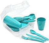 31-teiliges Picknick-Set, Picknickkorb und Mehrweggeschirr für 6 Personen, idealer Picknickkoffer für Camping, Strand, Wohnmobil, und Rucksackreisen (Türkis)