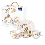 Villeroy & Boch – Boho Kids 'Roar like a lion' Kindergeschirr-Set 3 teilig Beige, Spülmaschinenfest, Mikrowellensicher, Geschirr Set Kinder, Tiermotiv Löwe und Affe, Premium Porzellan
