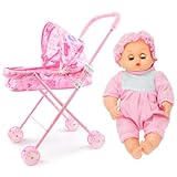 2pcs Puppenwagen mit Puppe, Faltbarer tragbarer Babypuppen Kinderwagen, niedliche Möglichkeit, Babypuppe mit großen Augen und tragbaren Kleidung, Puppenwagen mit verstellbarem Baldachin