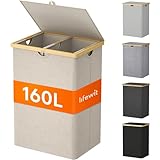 Lifewit 160L Bambus Wäschekorb mit Deckel, Faltbar Wäschesammler 2 Fächer Wäschesortierer mit Abnehmbarem Wäschesack Bambus Griffen Wäschebox Laundry Baskets für Waschküche, Schlafzimmer, Beige