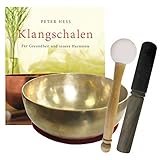 Klangschale KLEINE HERZSCHALE Therapie-Qualität 5-teiliges Klangmassage-Set + BUCH Peter Hess. Therapieklangschale 700-800g ca. 15-16 cm mit Kissen, Holz-Leder-Reibe- und Gummi-Klöppel. 70066