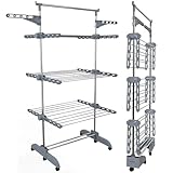 PORTENTUM Wäscheständer Turm klappbar 14 cm mit 5 Ebenen und 58 Haken für Kleiderbügel – Bis 40 kg – ständer mit 24 Edelstahlstangen – Für Innen- und Außenbereich – Rollen mit Feststellbremse