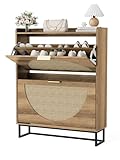 FiveWillowise Rattan Schuhschrank mit 2 Klappen, Freistehender Schuhkipper Schmaler mit Metallbeinen, Schuhregal Schuhaufbewahrung Holz Schuhkommode für Eingang, Flur, 80x24x102 cm