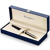 Waterman Hémisphère Füller | Mattschwarz mit Zierteile aus 23 K Gold | Füllfederhalter mit mittlere Feder | blaue Tinte | Geschenkbox