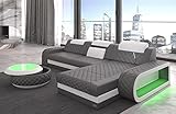 Sofa Berlin L Form Ecksofa Leder mit LED Licht Ledersofa Ottomane Couch mit Kopfstützen (Ottomane rechts, Grau-Weiß)