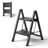 2 Stufen Leiter, Tritthocker Klappbar Leichtes und Kompaktes Klapptritt Kleine Leiter mit Gummihandgriff,Rutschfester Design,Sicherem Stand, Tragfähigkeit bis 150kg,für Küchen Haushalt Außen,Schwarz