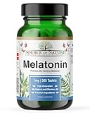 Melatonin 1 mg | 365 Tabletten | Hochdosiert | 1 Jahre Vorrat | Ohne Zusatzstoffe | Vegan | Laborgeprüft | Hergestellt in Dänemark | Source of Nature