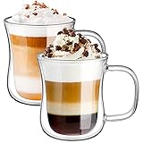 ecooe Doppelwandige Latte Macchiato Gläser Borosilikatglas Kaffeetassen Glas 2er Set 240ml Kaffeeglas Teegläser mit Henkel für Cappuccino,Tee,EIS,Milch,Bier