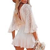 Geagodelia Damenkleid, Spitze, V-Ausschnitt, rückenfrei, Strandkleid, Urlaub, Weiß, sexy, kurz, mit 1/2-Ärmeln, weiß, Medium