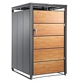 240L Mülltonnenbox aus Stahl Mülltonnenverkleidung Abschließbar Wetterfest Müllbox Tonnenhaus Abfallbehälter für Garten Einfahrt (1, Verschließbare Klappe - Schwarzer Rahmen+Tür aus Holzfarbe)