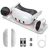 Olycism Ladestation kompatibel mit Meta Quest 3 Oculus Headset und Meta Quest3 VR-Brille mit RGB-Licht, magnetische Kontakt-Ladestation mit 2 wiederaufladbaren Batterien, RGB-Licht