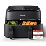 Philips Airfryer Dual Basket 3000 Series, 9L, 2 Körbe, 2 Gerichte gleichzeitig fertig, RapidAir Plus Heißlufttechnologie, 90% weniger Fett, Energieeffizient, HomeID Rezepte-App (NA350/00)