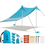 VILLEY Sonnenzelt 2,1m x 2,4m Lycra Strandzelt Blau, UV Schutz UPF50+ Sonnenschutz Strand für 3 Personen, Sonnenschirm Strand mit Sandsack und 2 Stützstäbe für Picknick, Angeln, Sonnenschutz